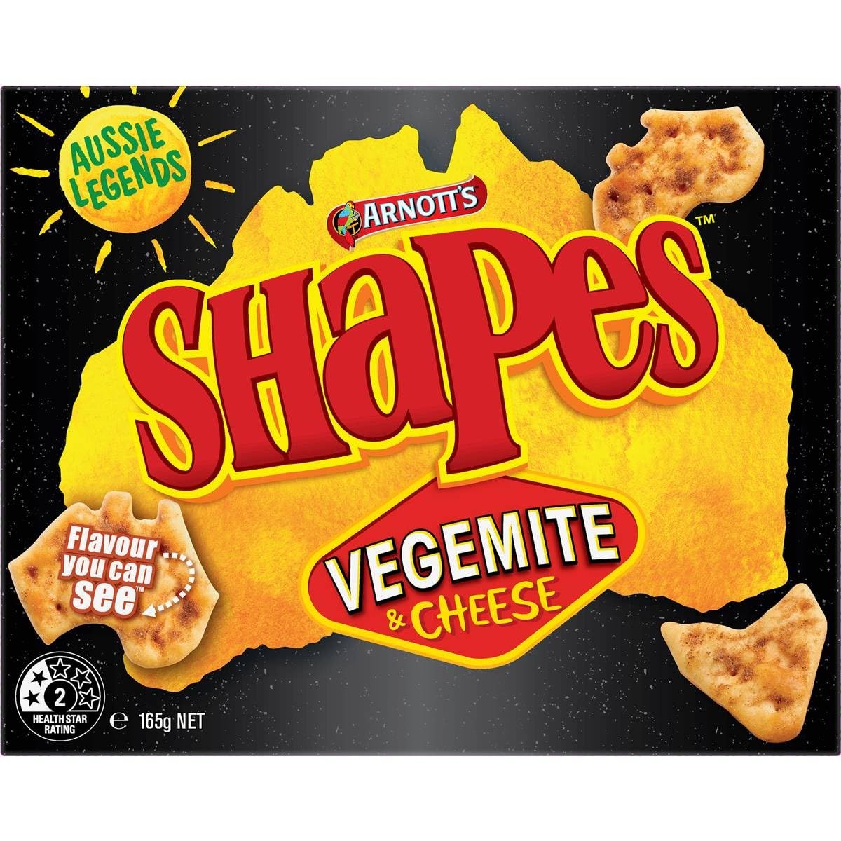 Arnotts Shapes Vegemite 165g flavor close-up, Vegemite and Cheese taste.