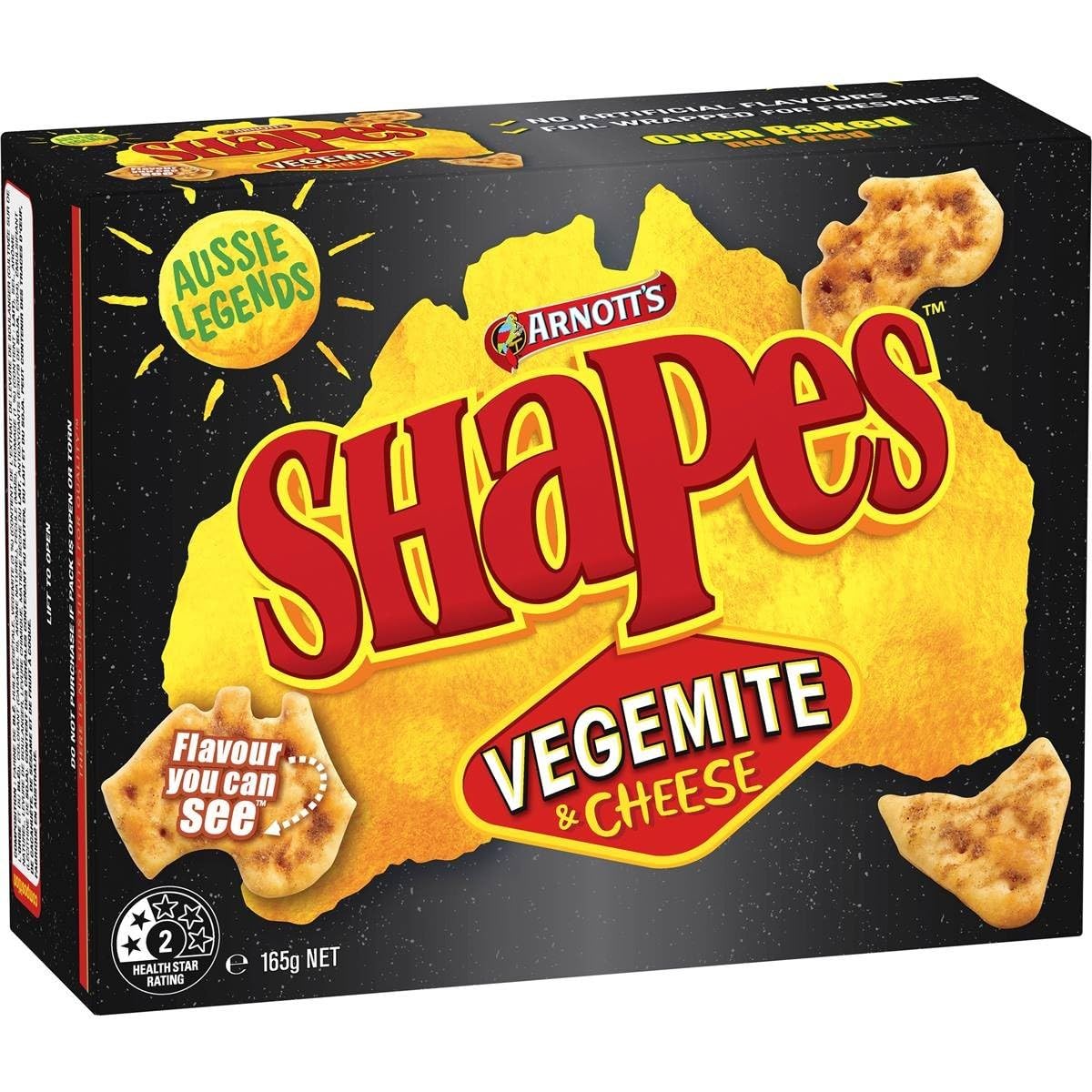 Arnotts Shapes Vegemite 165g pack shot, savory snack for family moments.