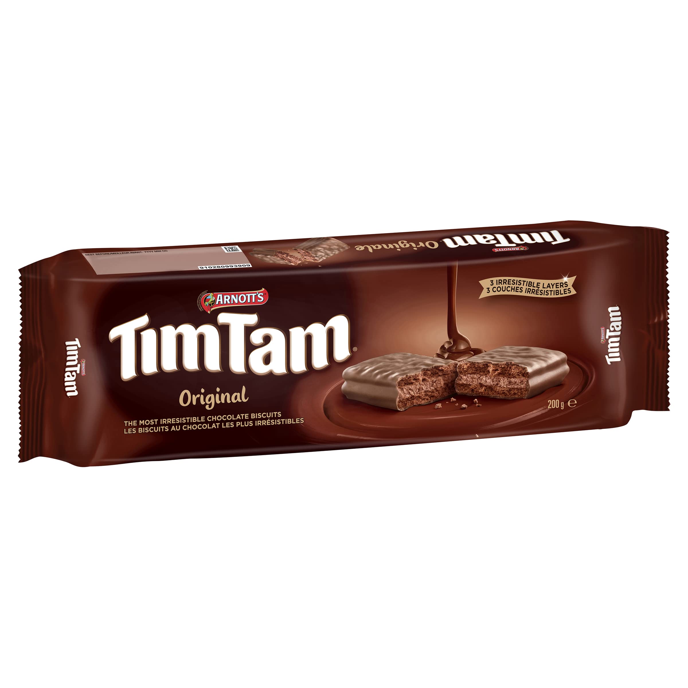 Arnott's Tim Tam Original pack close-up, showcasing the classic chocolate sandwich biscuits for tea-time indulgence.