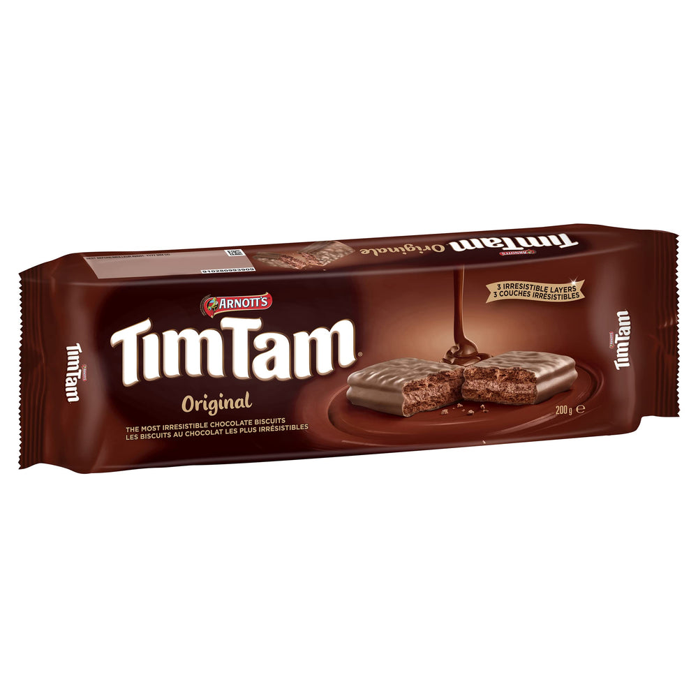 Arnott's Tim Tam Original pack close-up, showcasing the classic chocolate sandwich biscuits for tea-time indulgence.