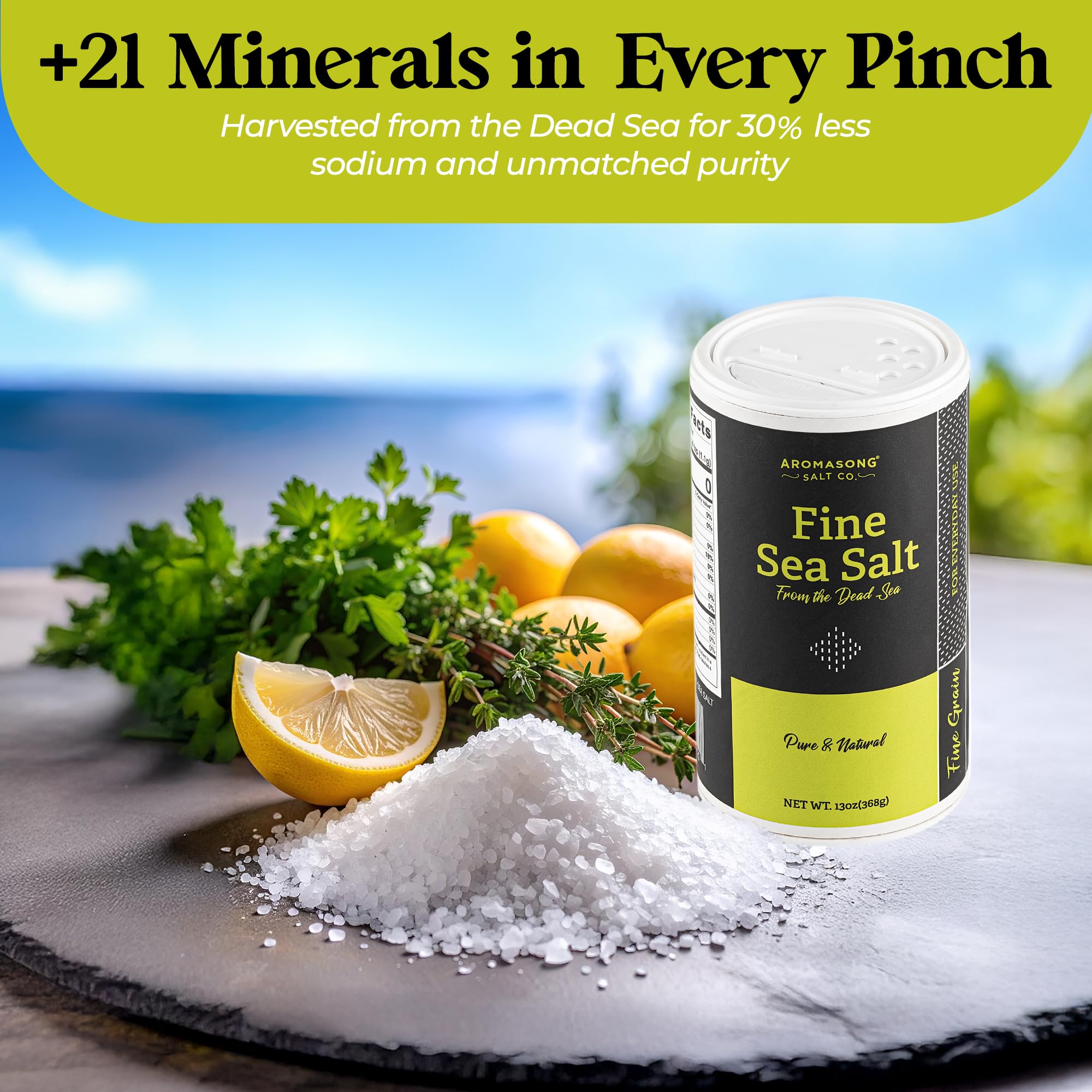 Aromasong Dead Sea Salt on kitchen counter for everyday cooking