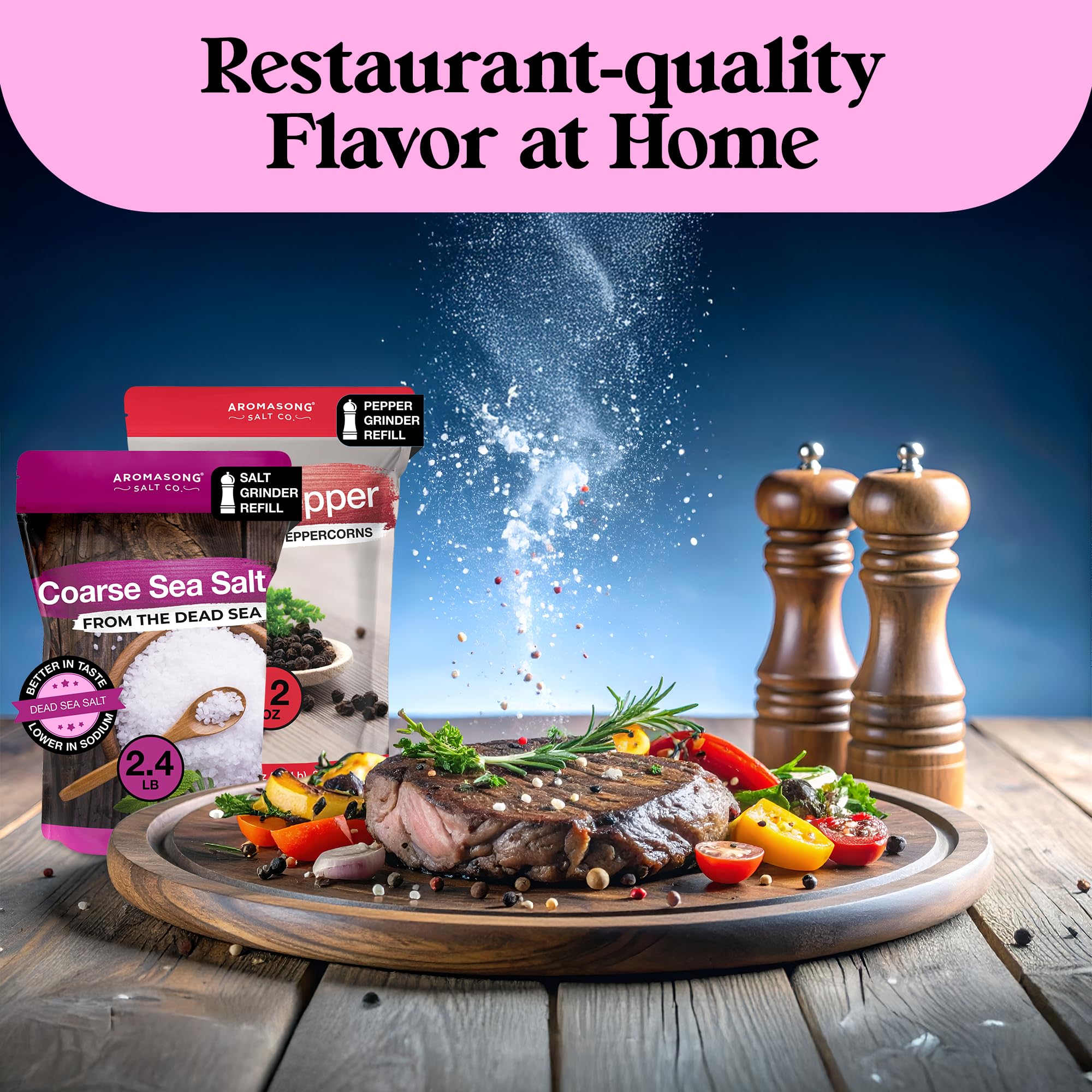Aromasong sea salt and pepper set on countertop for quick cooking.