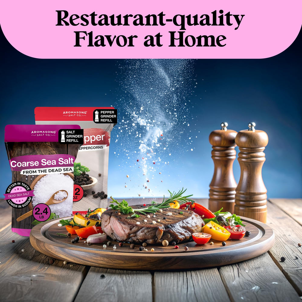 Aromasong sea salt and pepper set on countertop for quick cooking.