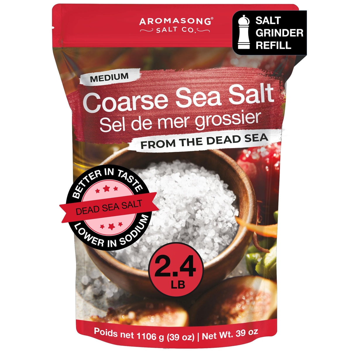 Aromasong sea salt coarse-grain bottle for everyday cooking and grinder refills.