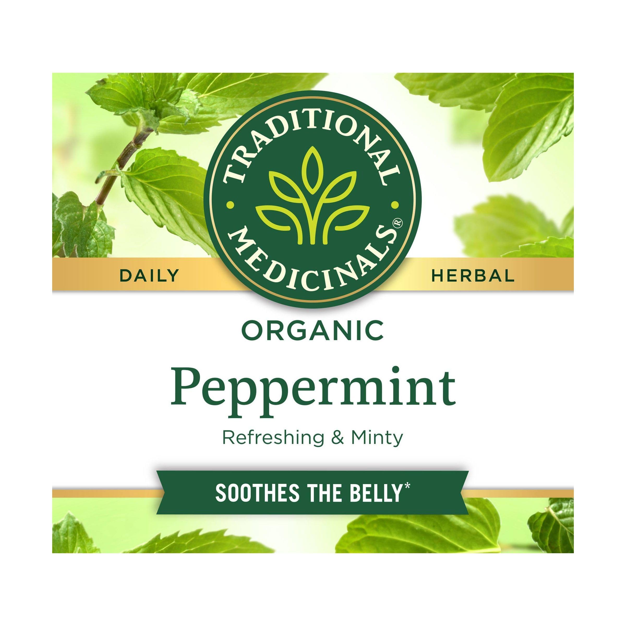 Aromatic steam rising from Traditional Medicinals peppermint tea in a cup.