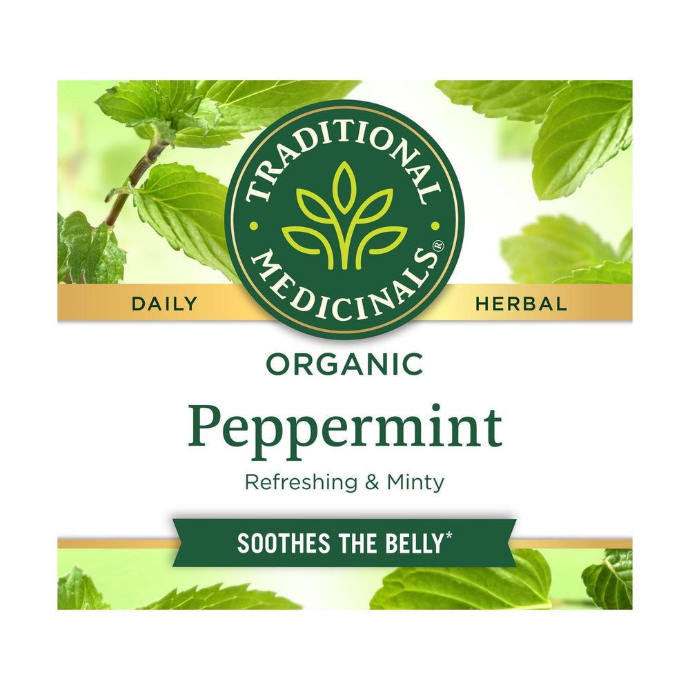 Aromatic steam rising from Traditional Medicinals peppermint tea in a cup.
