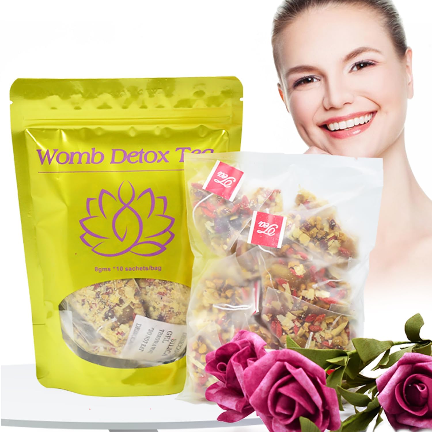 Aromlife Hiherbs Womb Detox tea bags closeup with fresh ingredients for a fragrant brew.