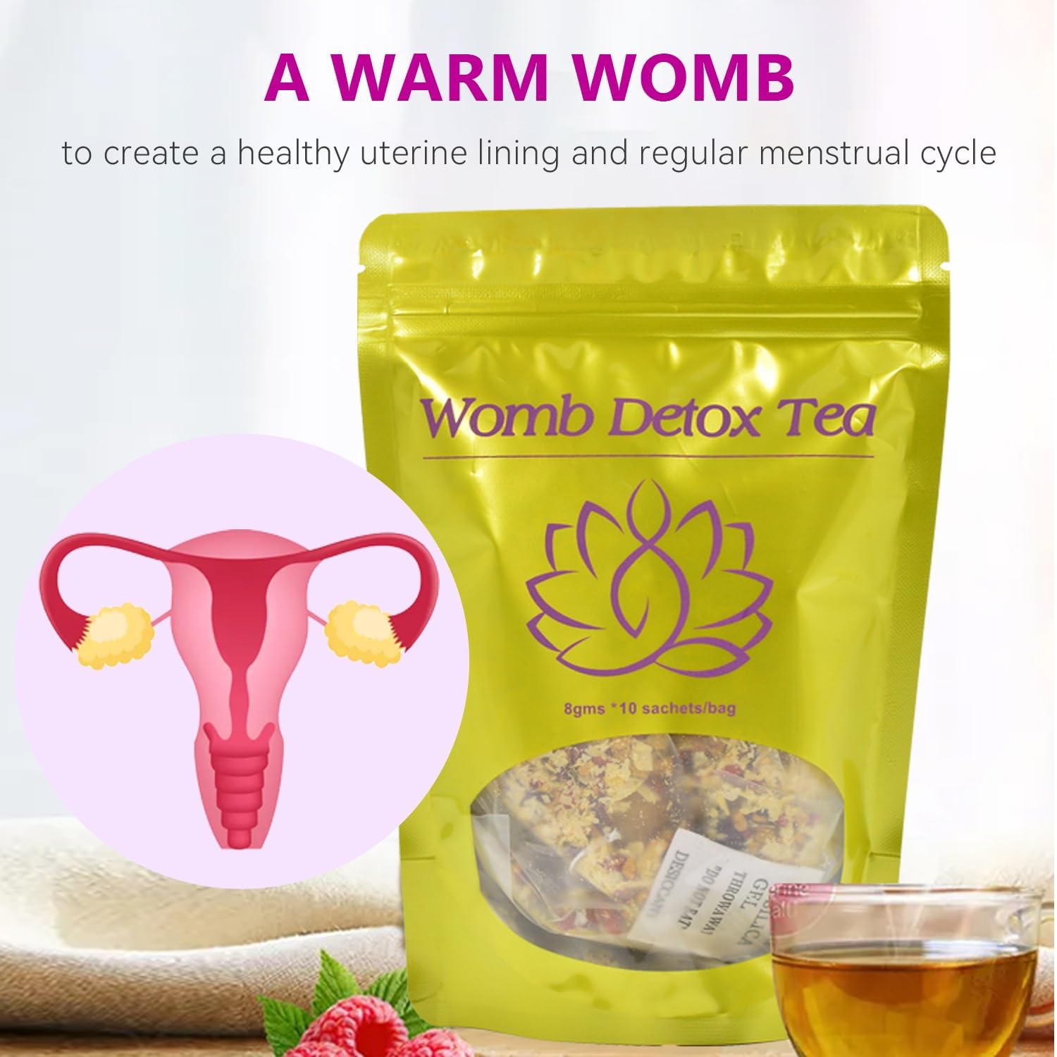 Aromlife Hiherbs Womb Detox brewed tea with steam rising for a relaxing moment.