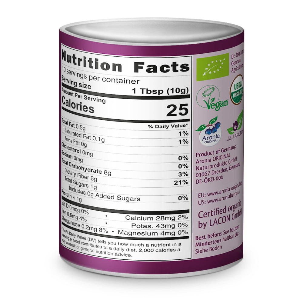 Aronia Original bottle close-up with 10:1 fruit-to-powder ratio.