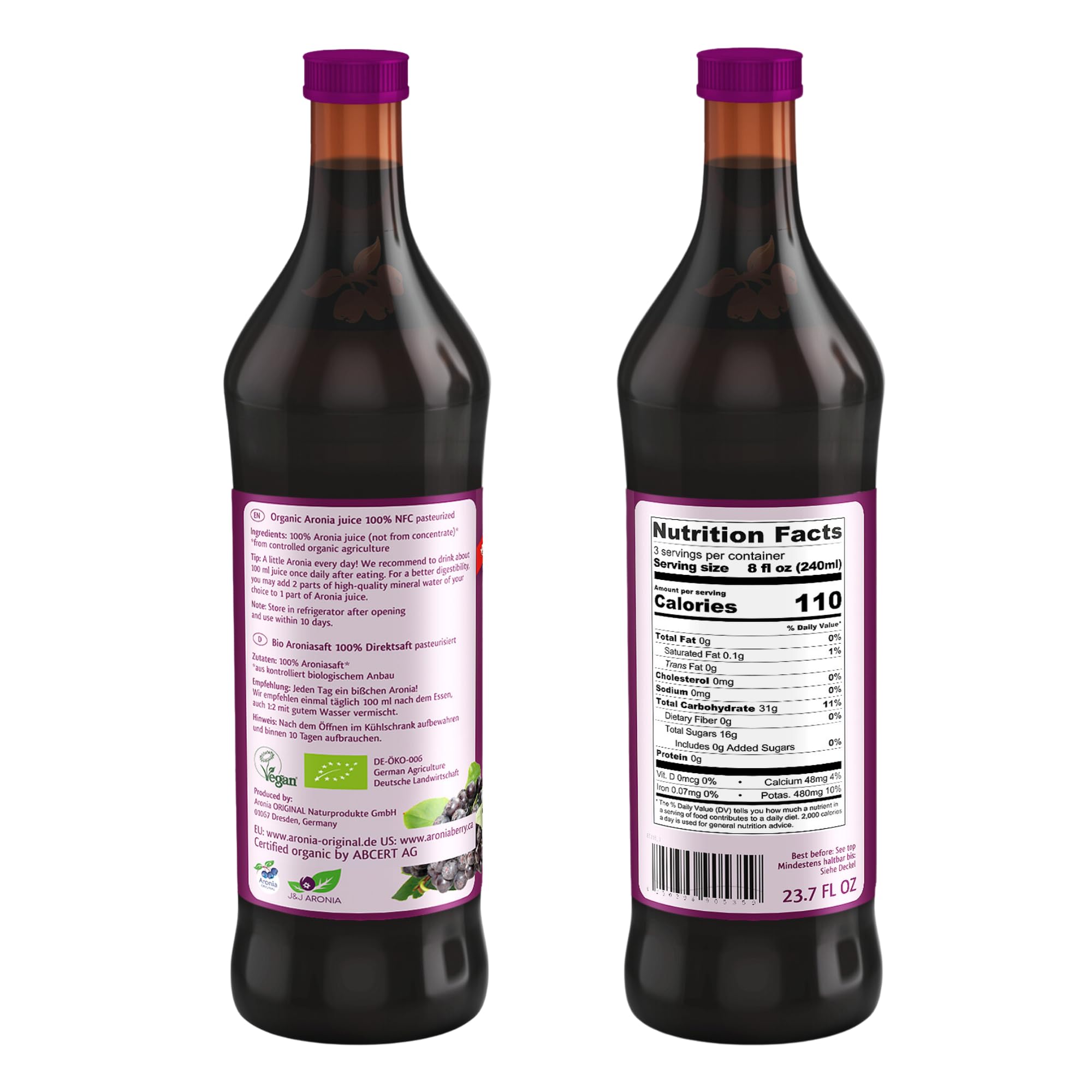 Aronia Original label close-up highlighting organic, first-press juice.