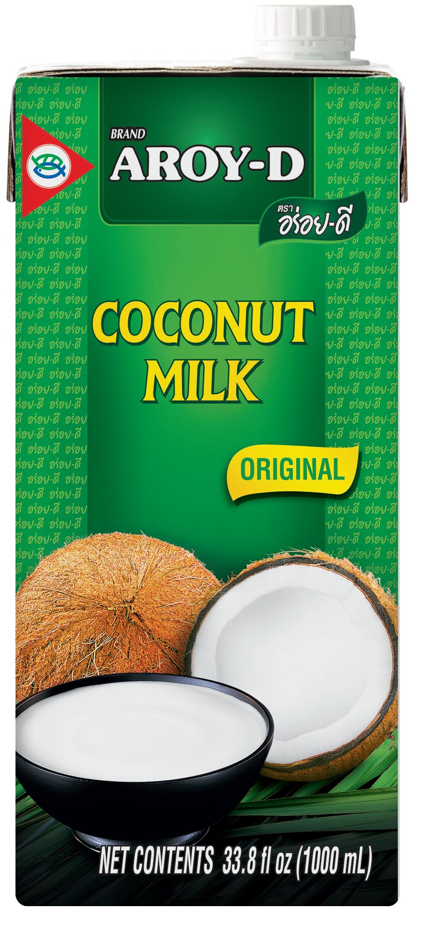 Aroy-D coconut milk six-pack in BPA-free cartons for dairy-free cooking and baking.