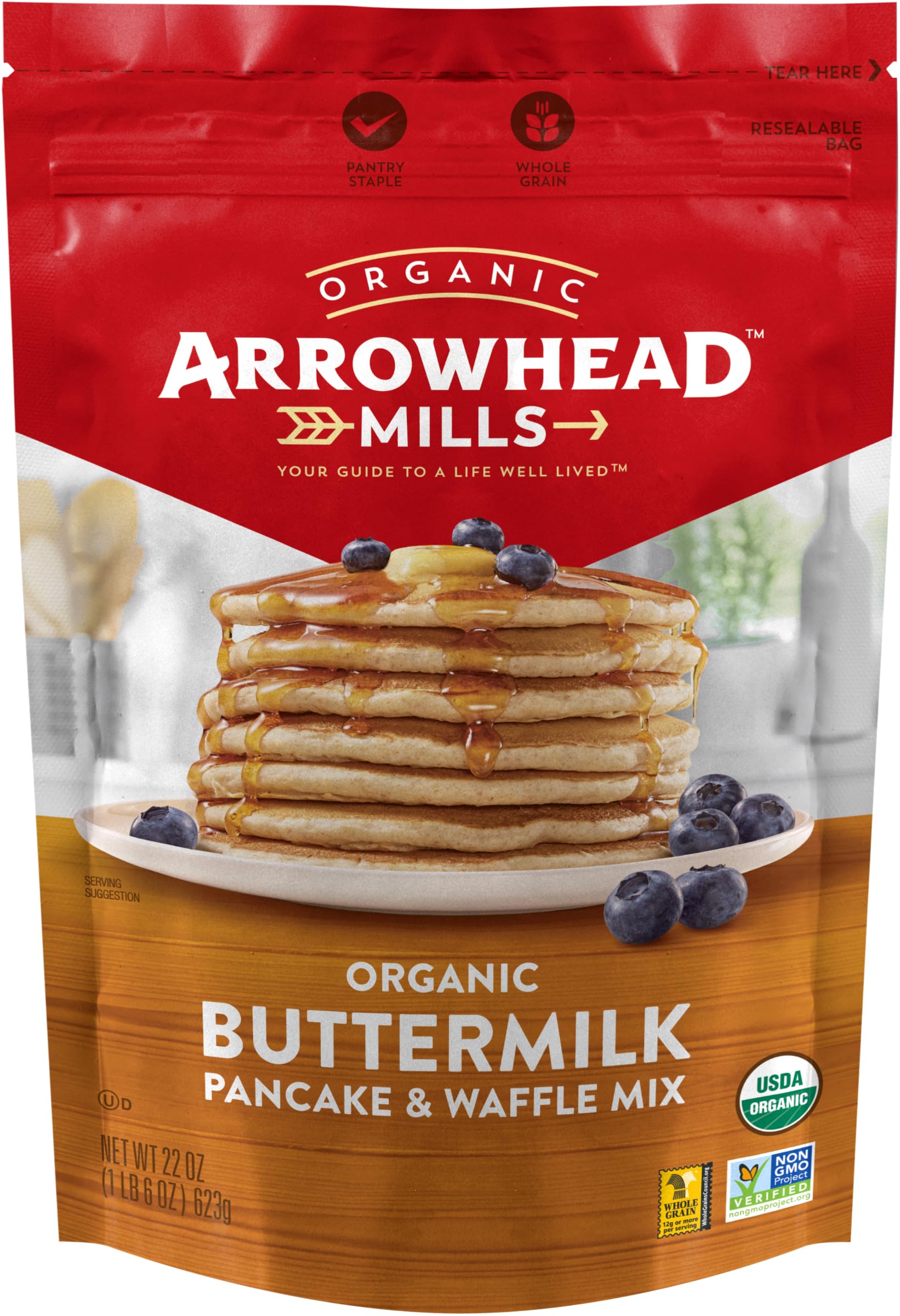 Arrowhead Mills Buttermilk Pancake Mix bag ready for fluffy pancakes