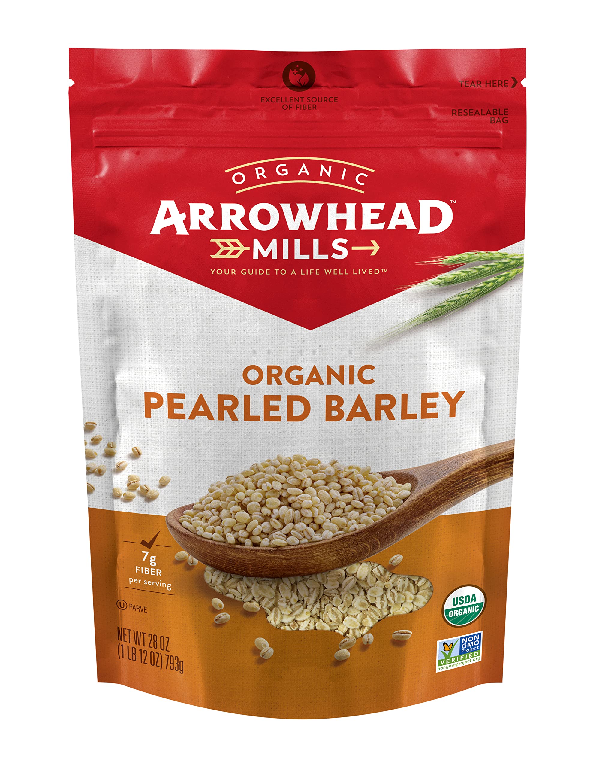 Arrowhead Mills Organic Pearled Barley bag shown, ideal for easy, fiber-rich meals.