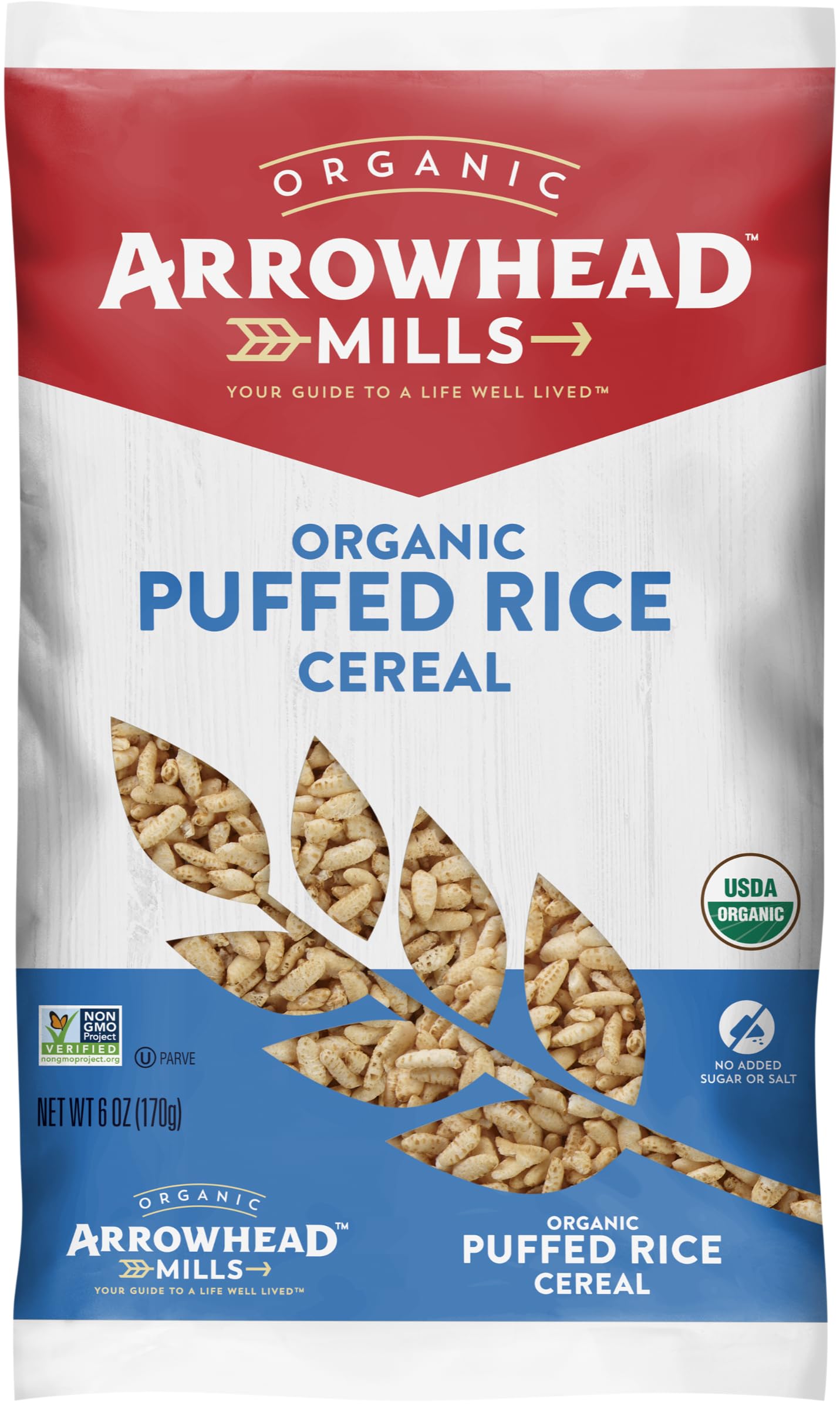 Arrowhead Mills puffed rice cereal bag; gluten-free breakfast option.