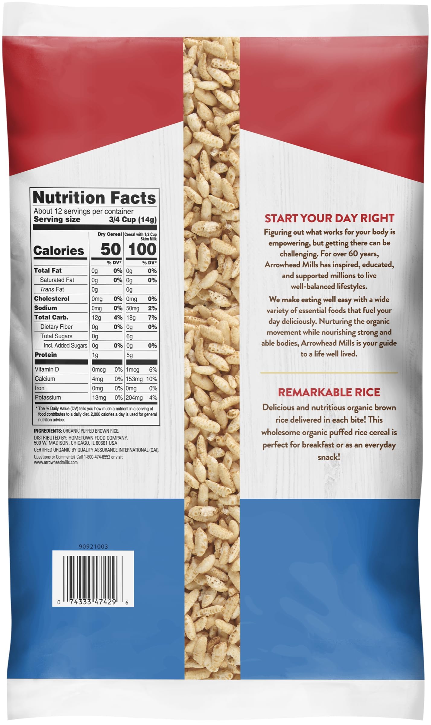 Arrowhead Mills texture close-up shows crunchy puffed brown rice.