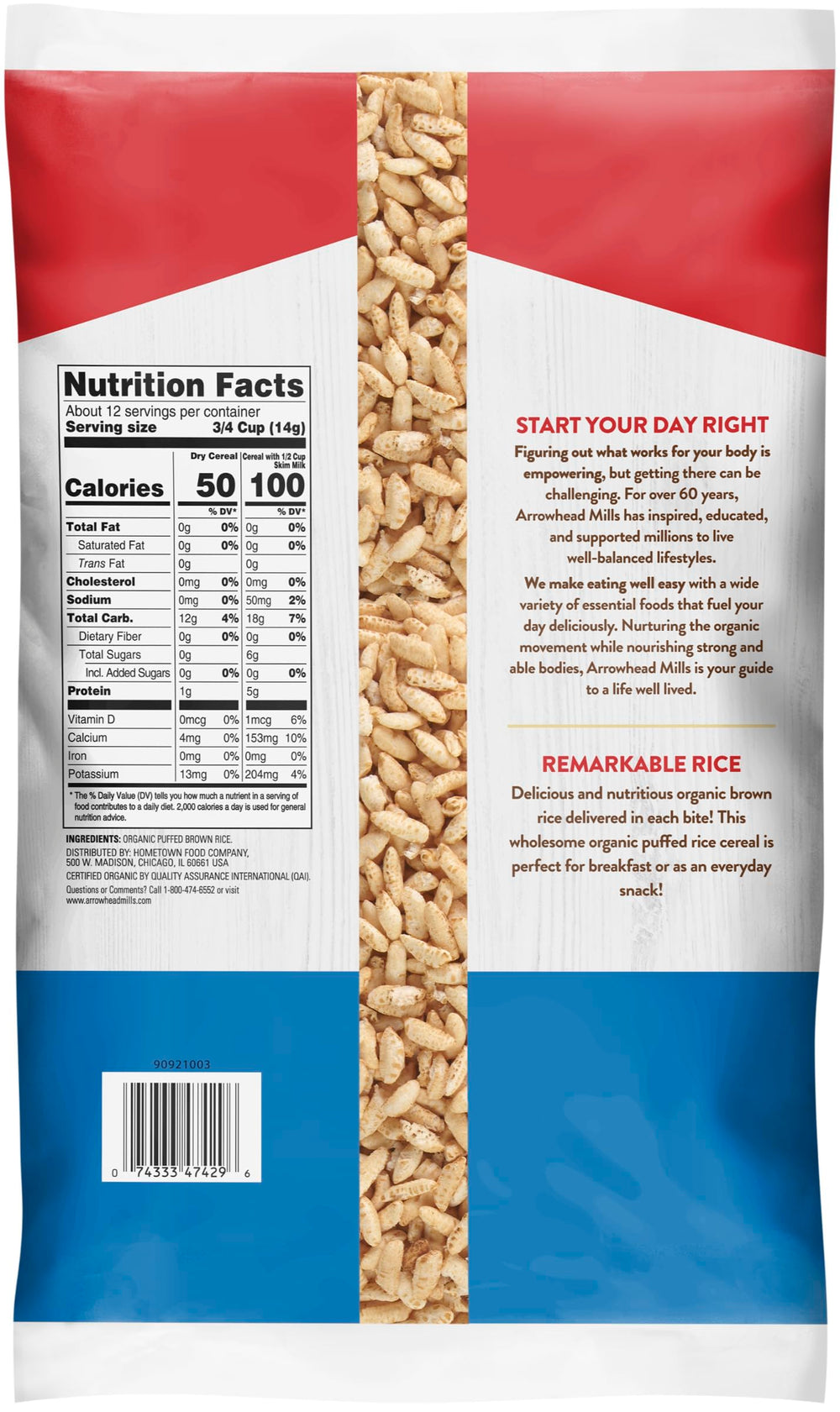 Arrowhead Mills texture close-up shows crunchy puffed brown rice.