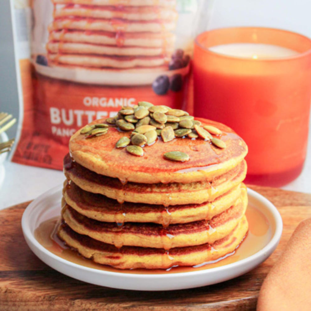 Stack of golden waffles made with Arrowhead Mills mix