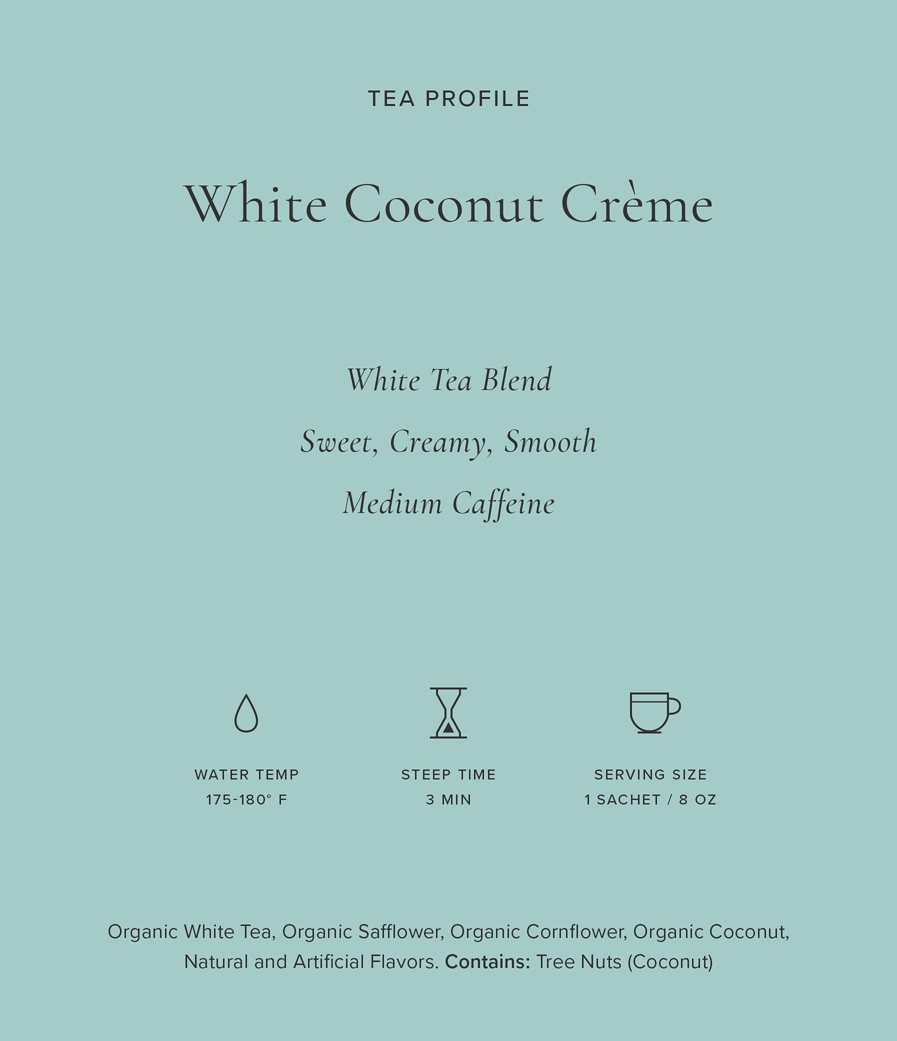Art of Tea brew at 175-185F for 3 minutes reveals coconut vanilla notes.