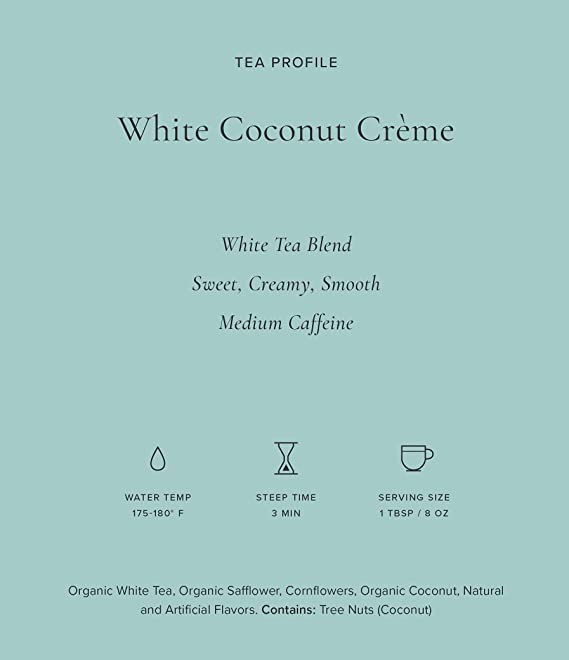 Brewed cup of Art of Tea White Coconut Crème with creamy aroma.