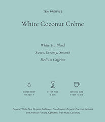 Brewed cup of Art of Tea White Coconut Crème with creamy aroma.