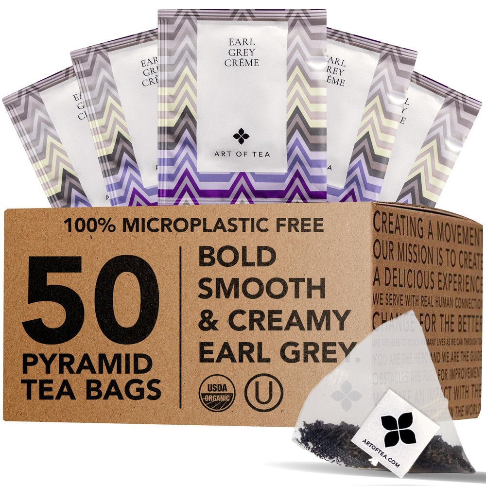 Art of Tea Earl Grey Creme packaging with eco-friendly pyramid sachets for sustainable brewing
