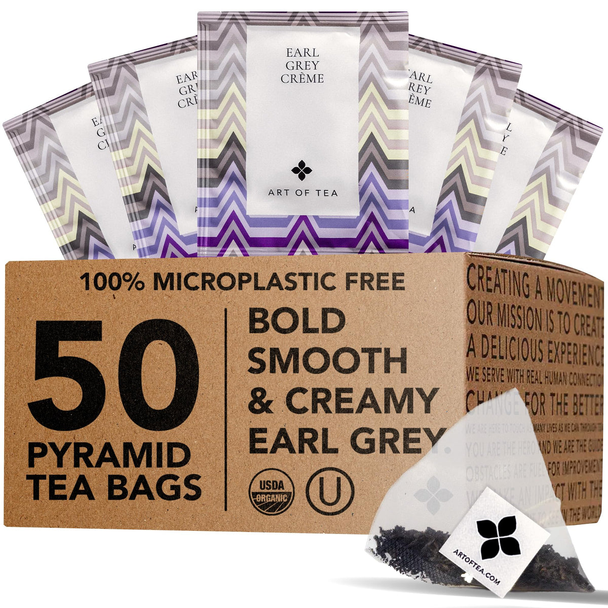 Art of Tea Earl Grey Creme packaging with eco-friendly pyramid sachets for sustainable brewing