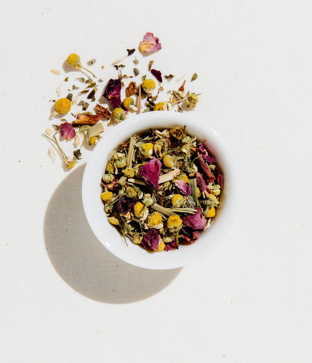 Art of Tea Sleep Tea dried herbs showcase chamomile and mint balance.