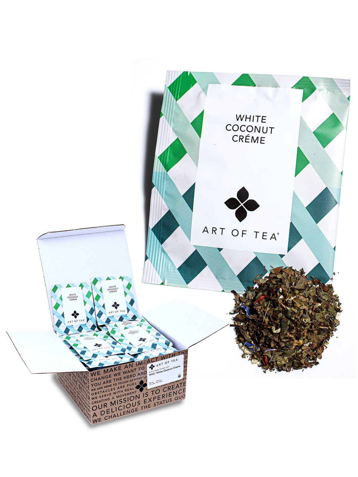 Art of Tea White Coconut Crème tea pack ready for brewing, eco-friendly packaging.
