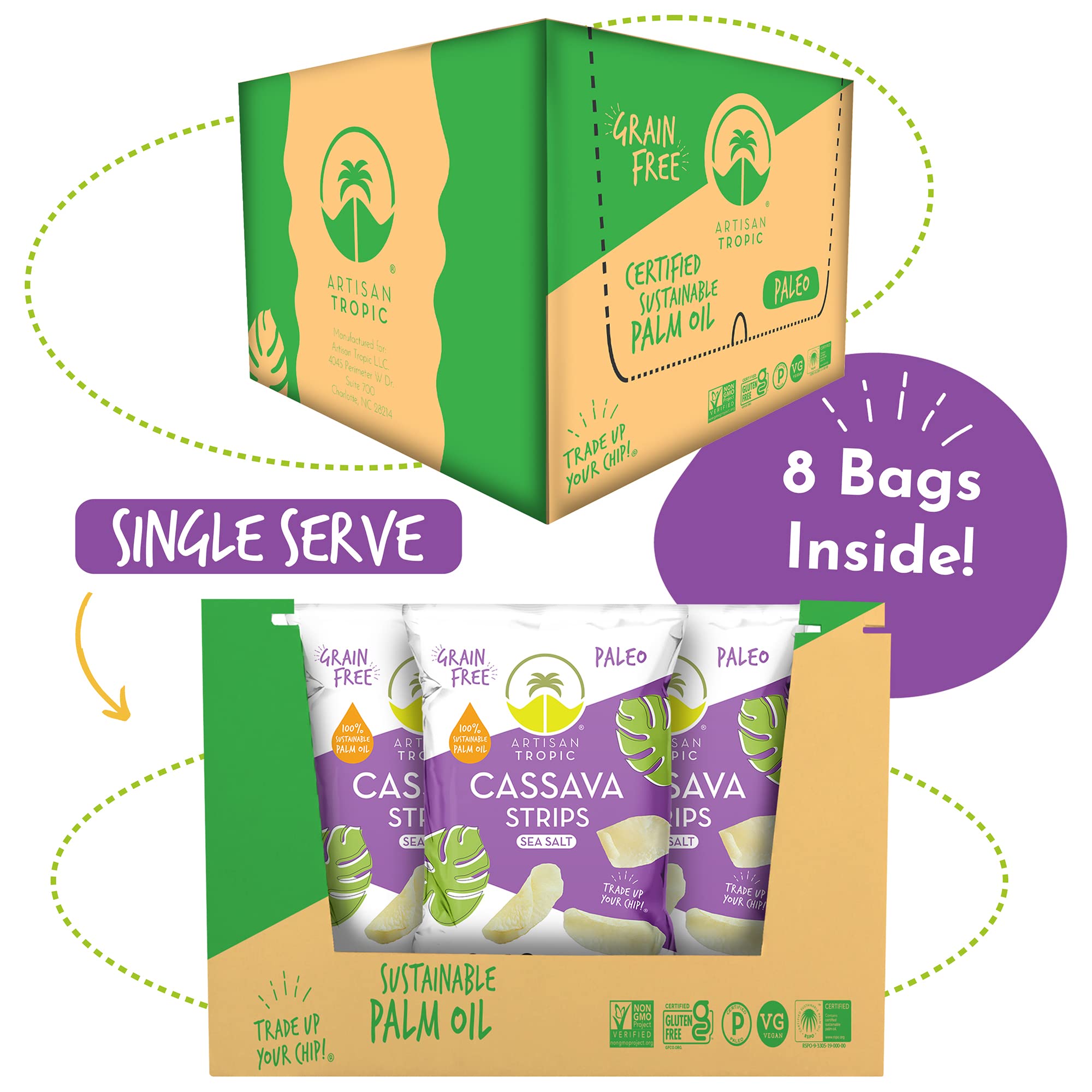 Artisan Tropic Cassava Strips ingredients label emphasizing non-GMO and gluten-free