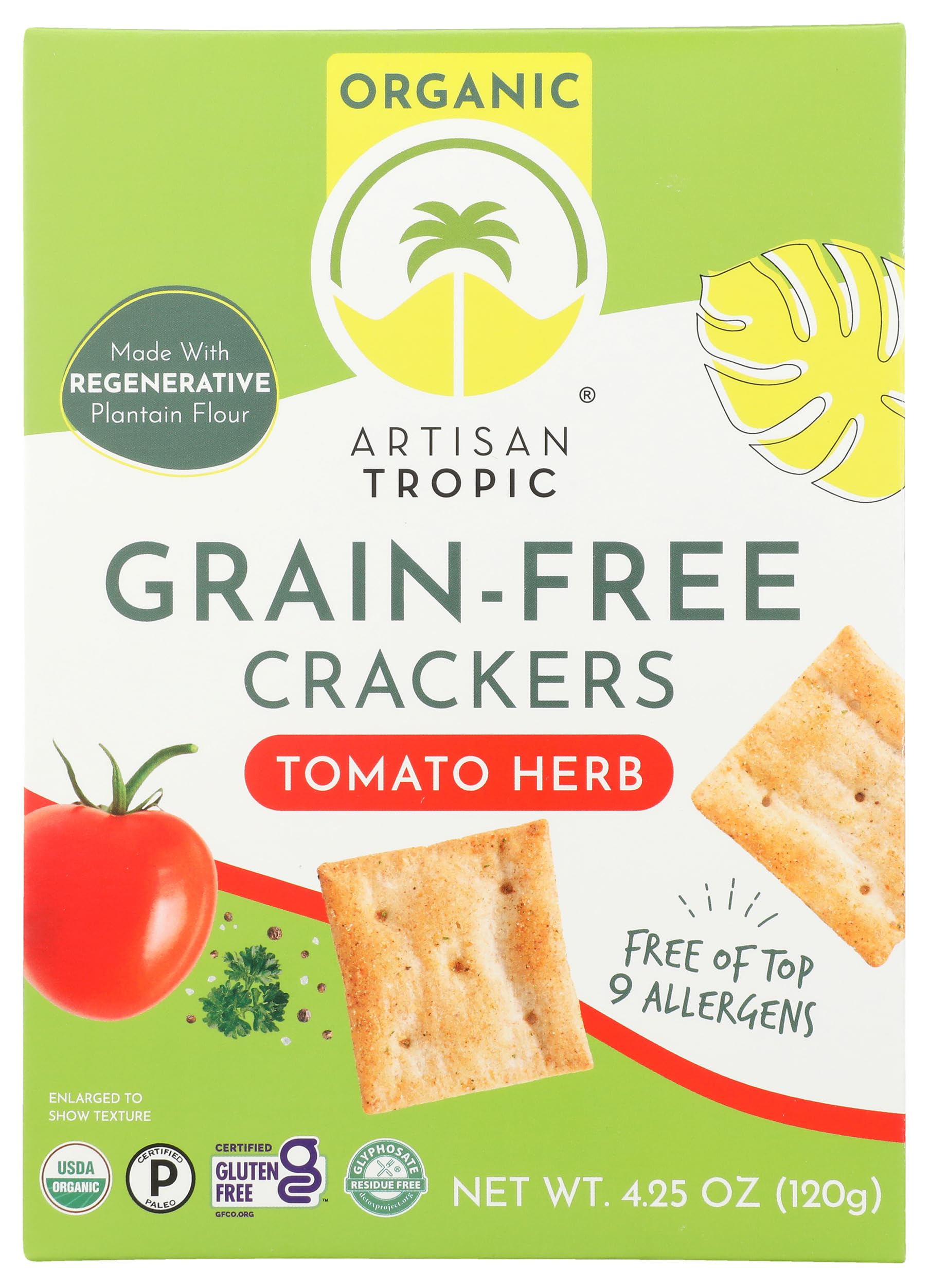 Artisan Tropic Reelie Crackers Tomato Herb in package, gluten-free snack for the pantry.
