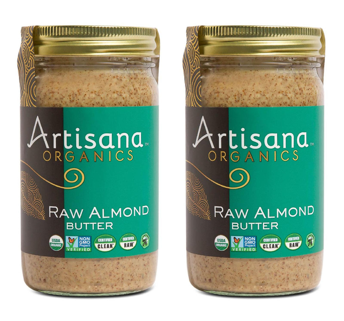 Artisana almond butter jar close-up, creamy spread ready for toast.
