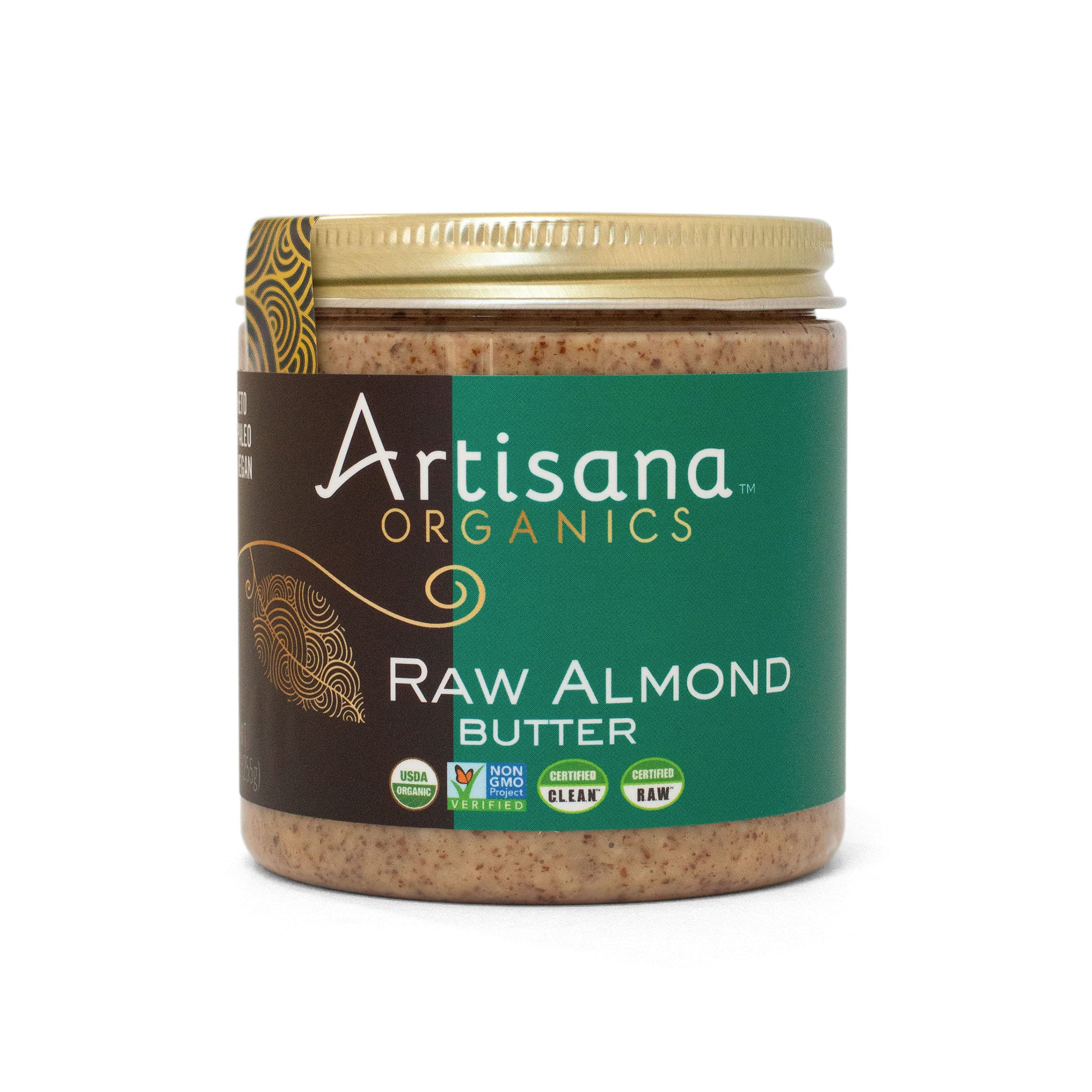 Artisana Almond Butter jar closeup showing pure, single-ingredient almond butter.
