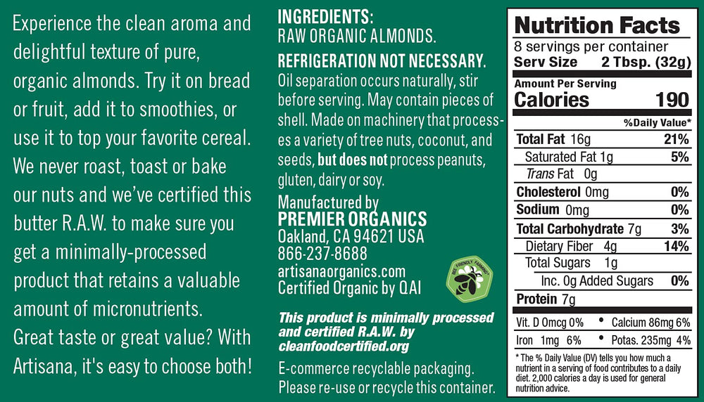 Artisana Almond Butter label detail highlighting palm oil-free, organic ingredients.