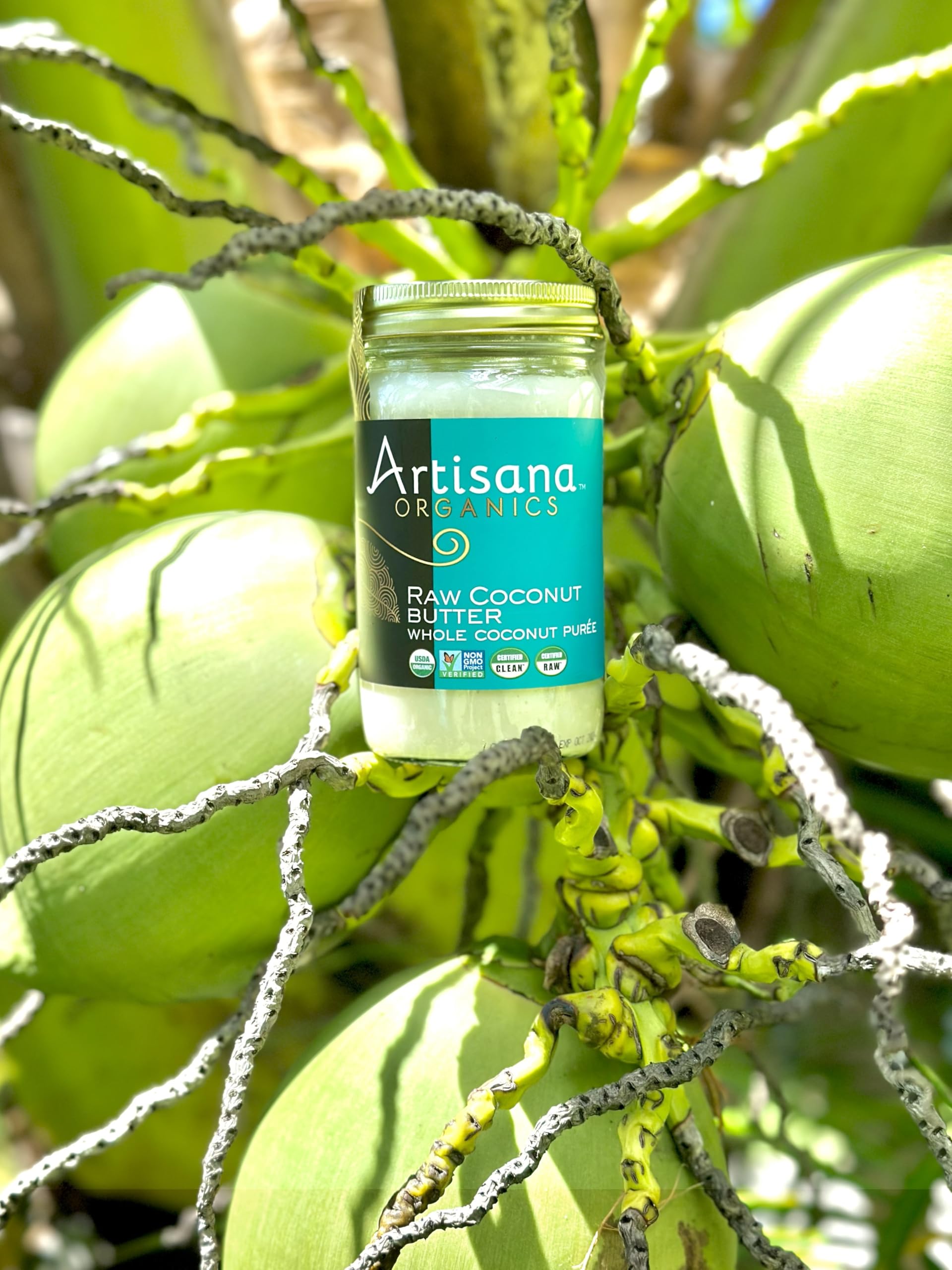 Artisana Organics coconut butter bottle with smooth, velvety spread for baking