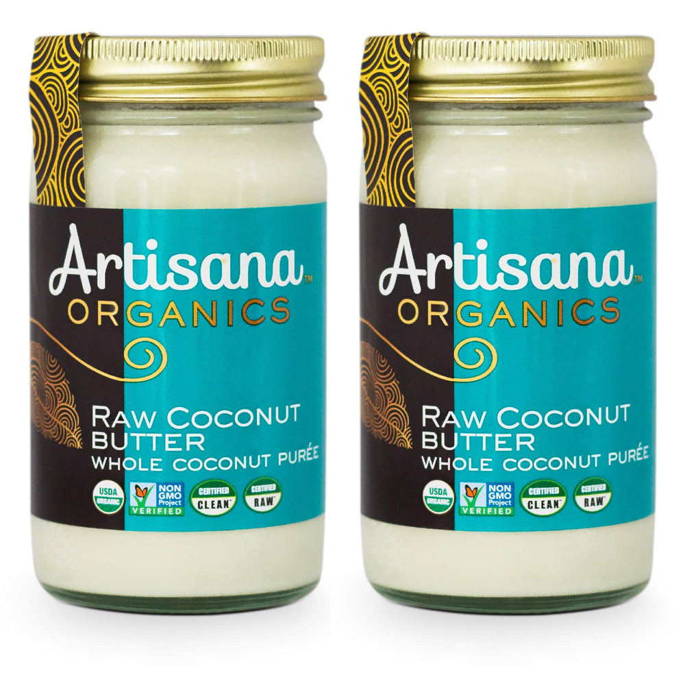 Single-ingredient Artisana coconut butter label highlights pure coconut flesh
