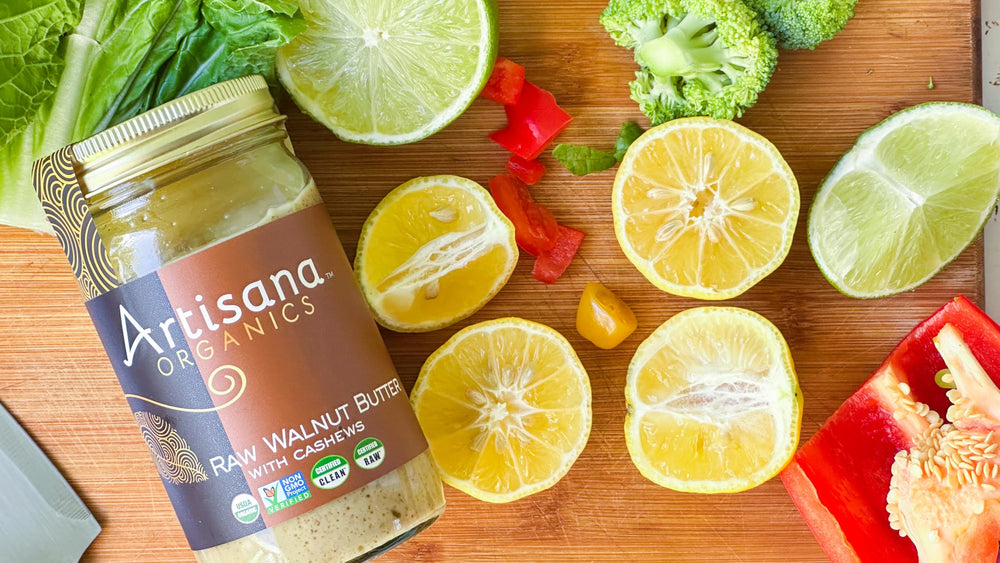 Artisana Organics label close-up shows organic vegan and paleo-friendly attributes