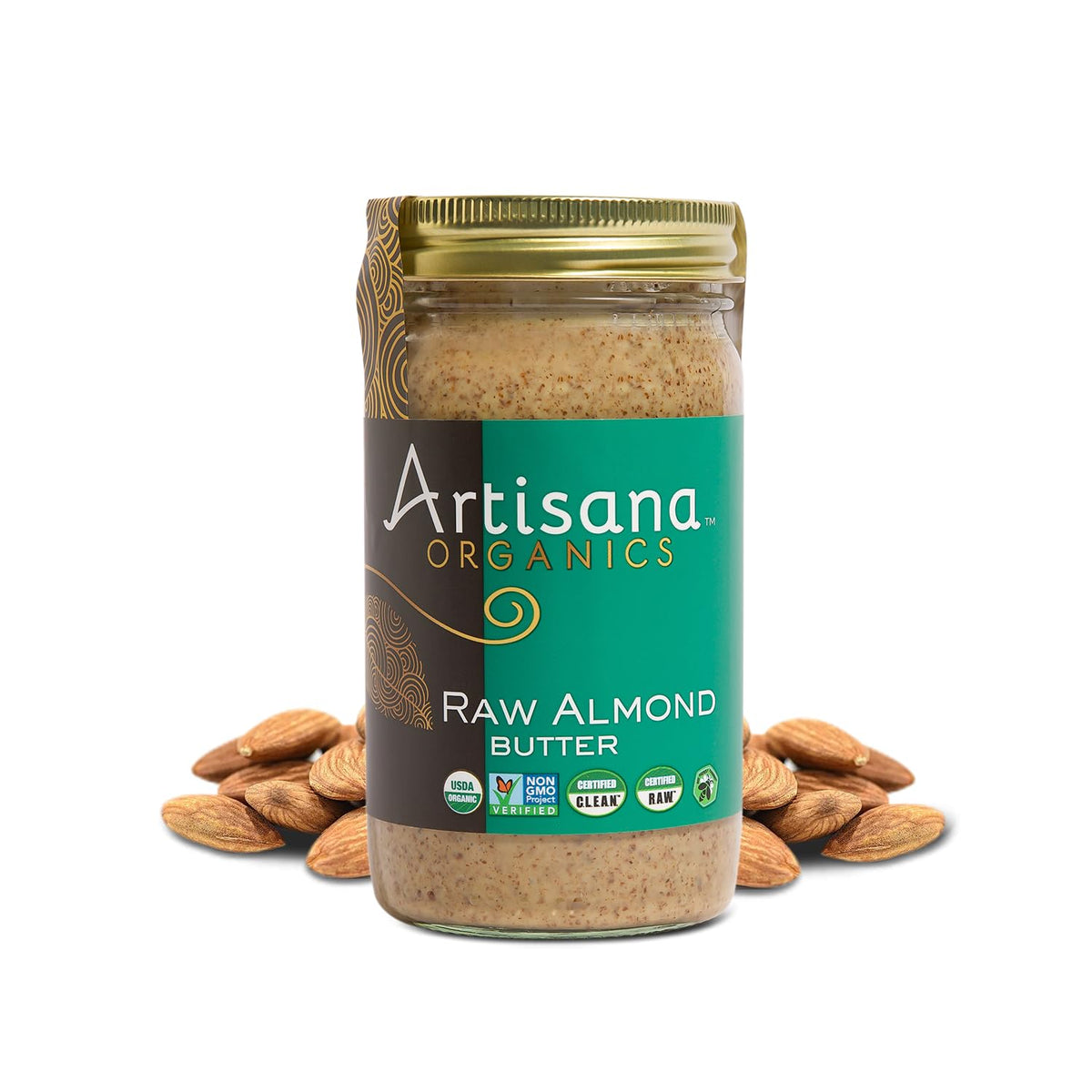 Artisana Organics raw almond butter jar front showing pure single-ingredient almonds