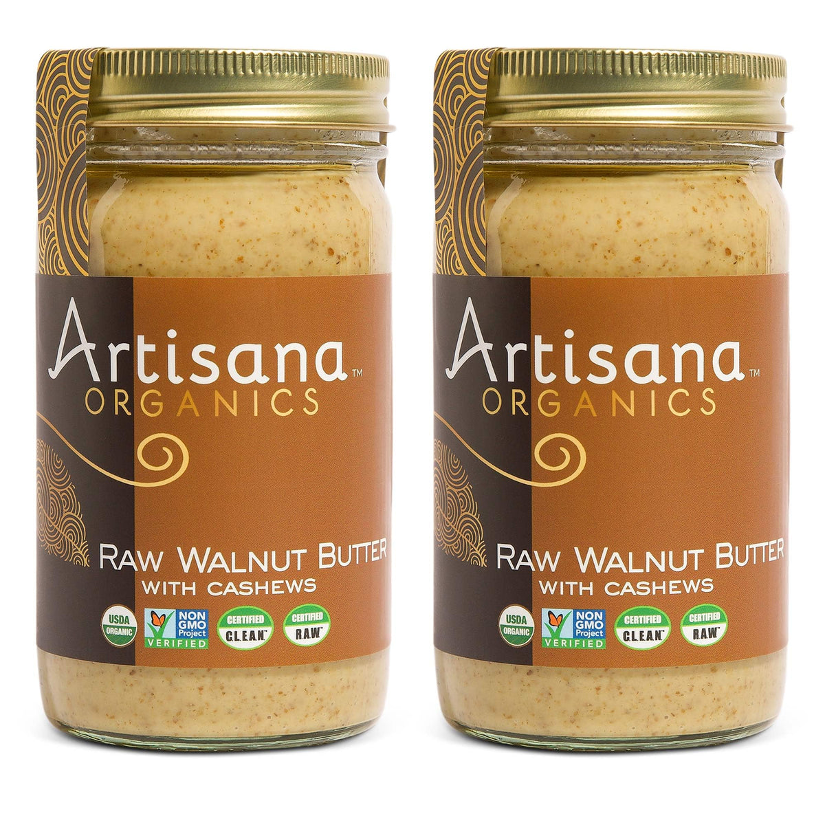 Artisana Organics walnut butter 2-pack jars close-up showing creamy texture for easy spreading