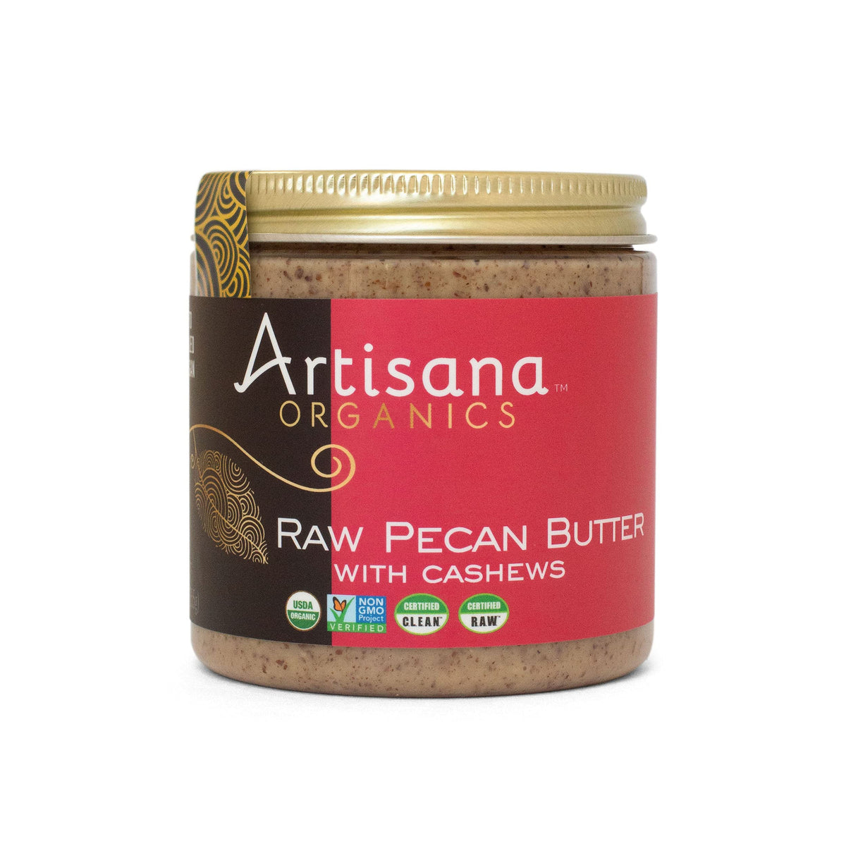 Artisana Pecan Butter jar close-up showing creamy texture and 2-ingredient blend for snacking.