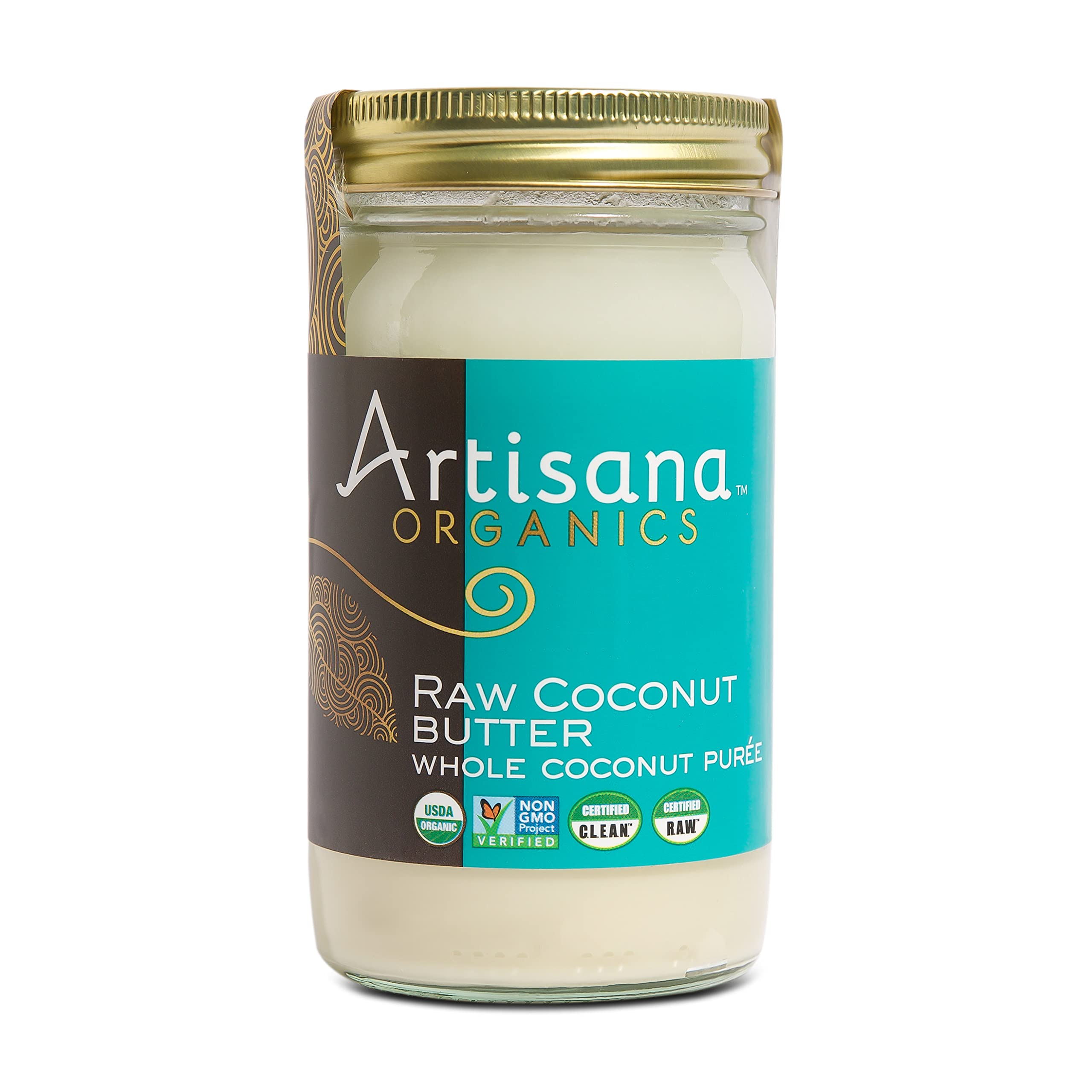 Artisana Raw Coconut Butter jar shows creamy texture for spreads and smoothies