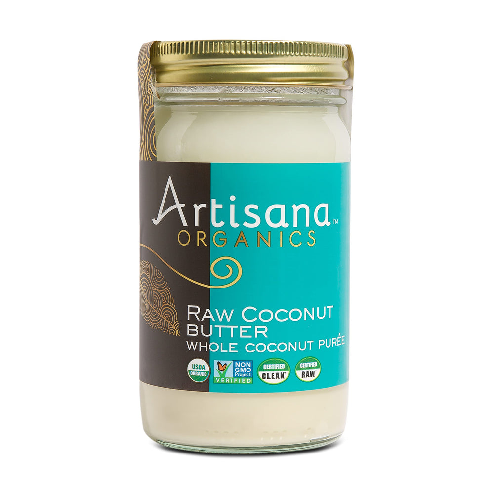 Artisana Raw Coconut Butter jar shows creamy texture for spreads and smoothies