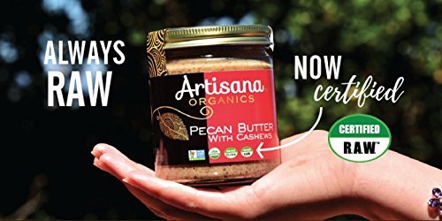 Artisana raw pecan butter in a bowl with nuts for snacking ideas
