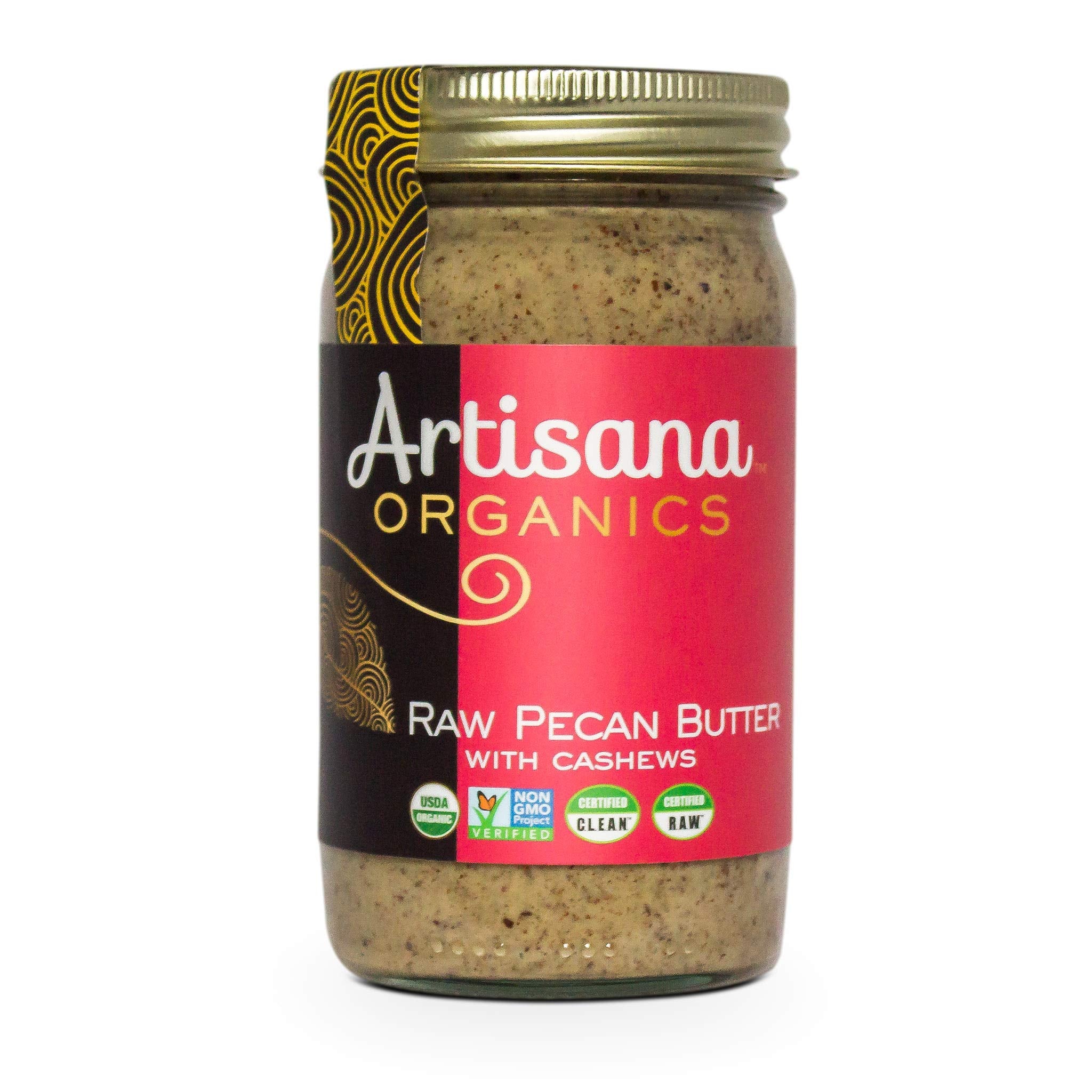 Artisana raw pecan butter with cashews jar front, creamy spread ready for toast