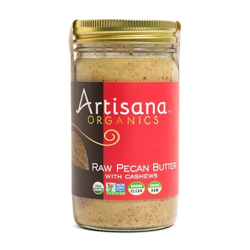 Artisana label close-up shows two-ingredient pecan and cashew blend