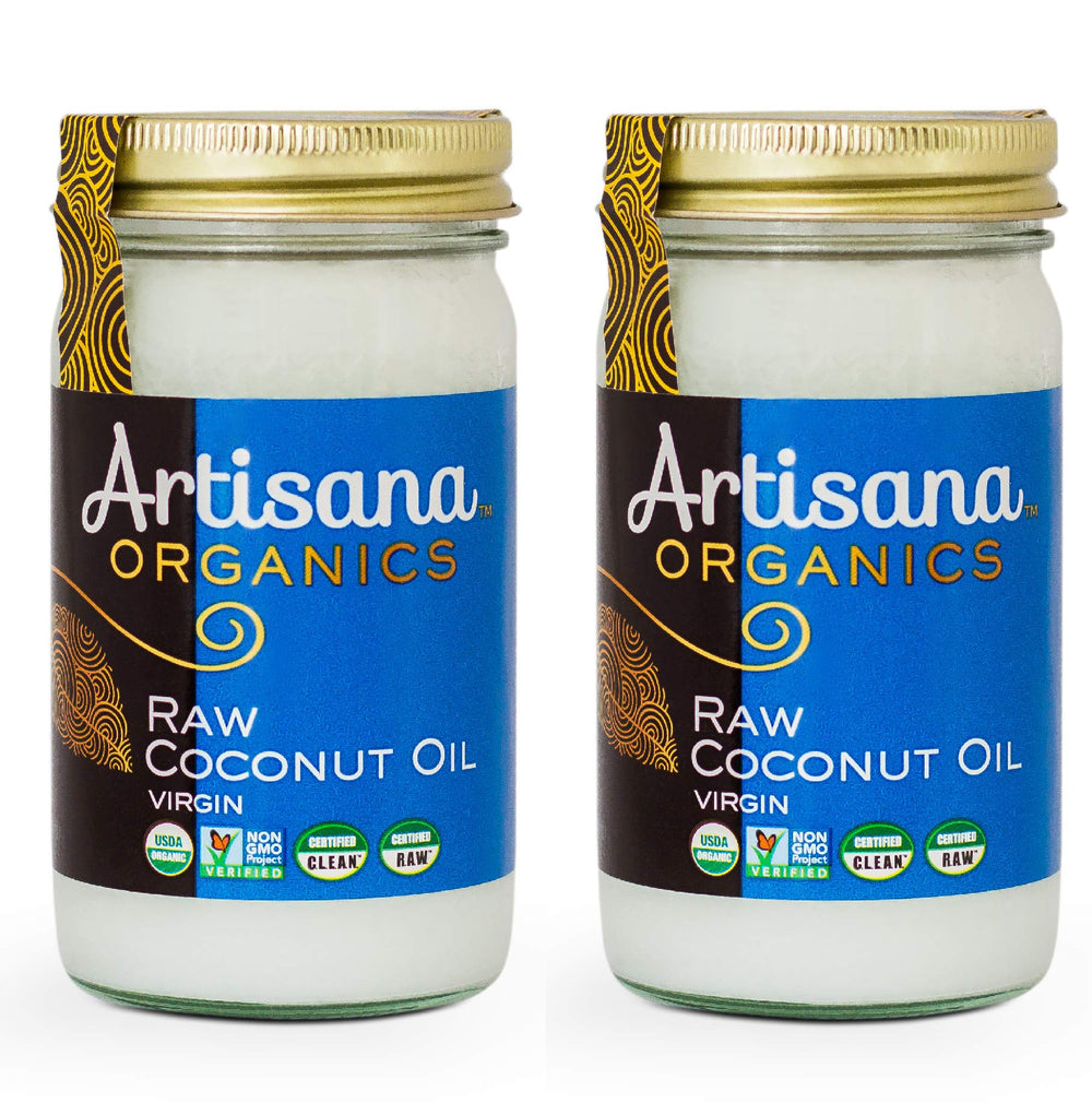 Artisana Organic Raw Virgin Coconut Oil bottle for versatile cooking and baking.