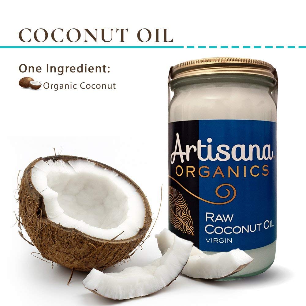 Artisana coconut oil label close-up highlighting organic, raw quality.