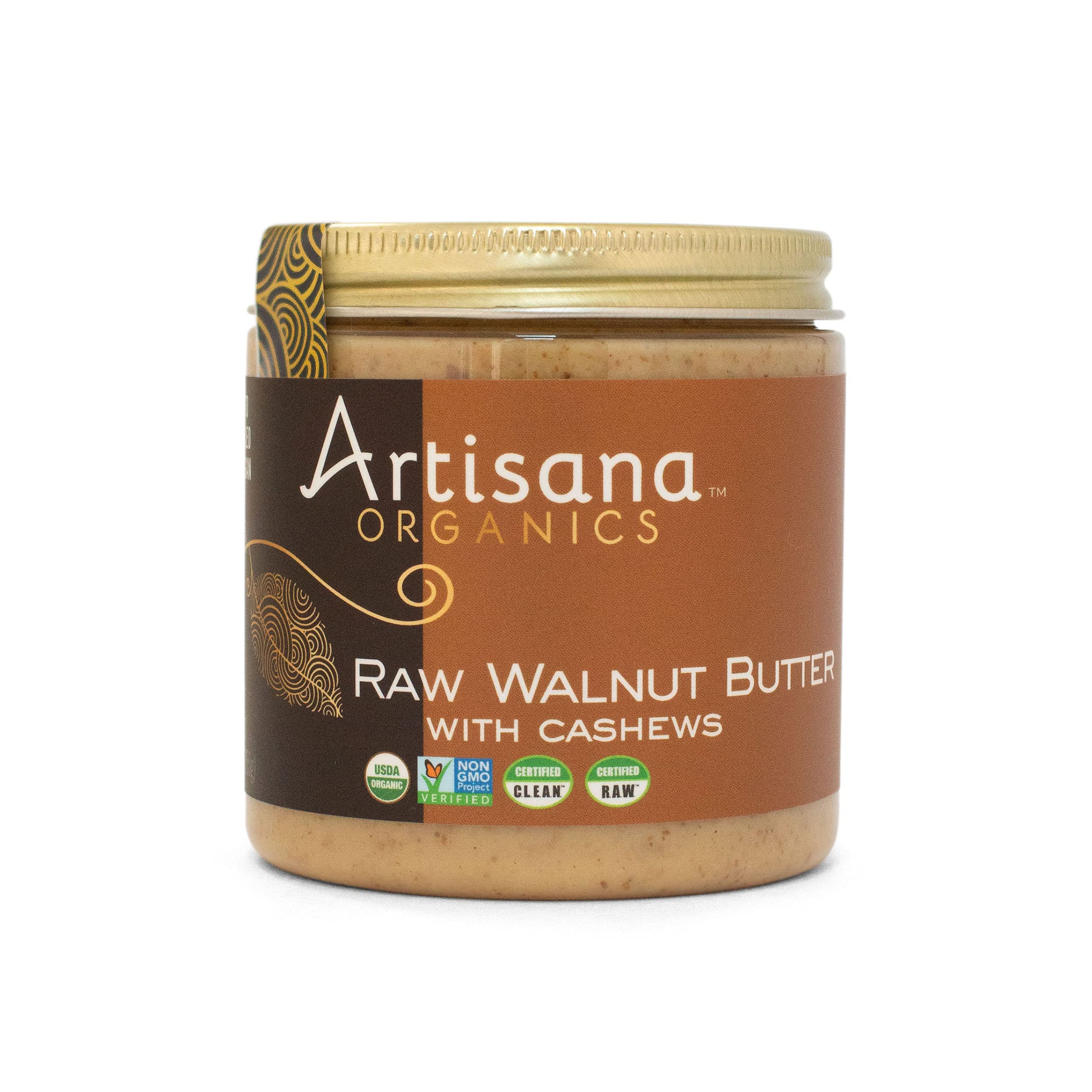 Artisana raw walnut butter jar shows two-ingredient purity for quick, wholesome snacking.