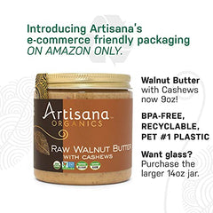 Artisana walnut butter label highlights organic, no sugar added ingredients for clean eating.