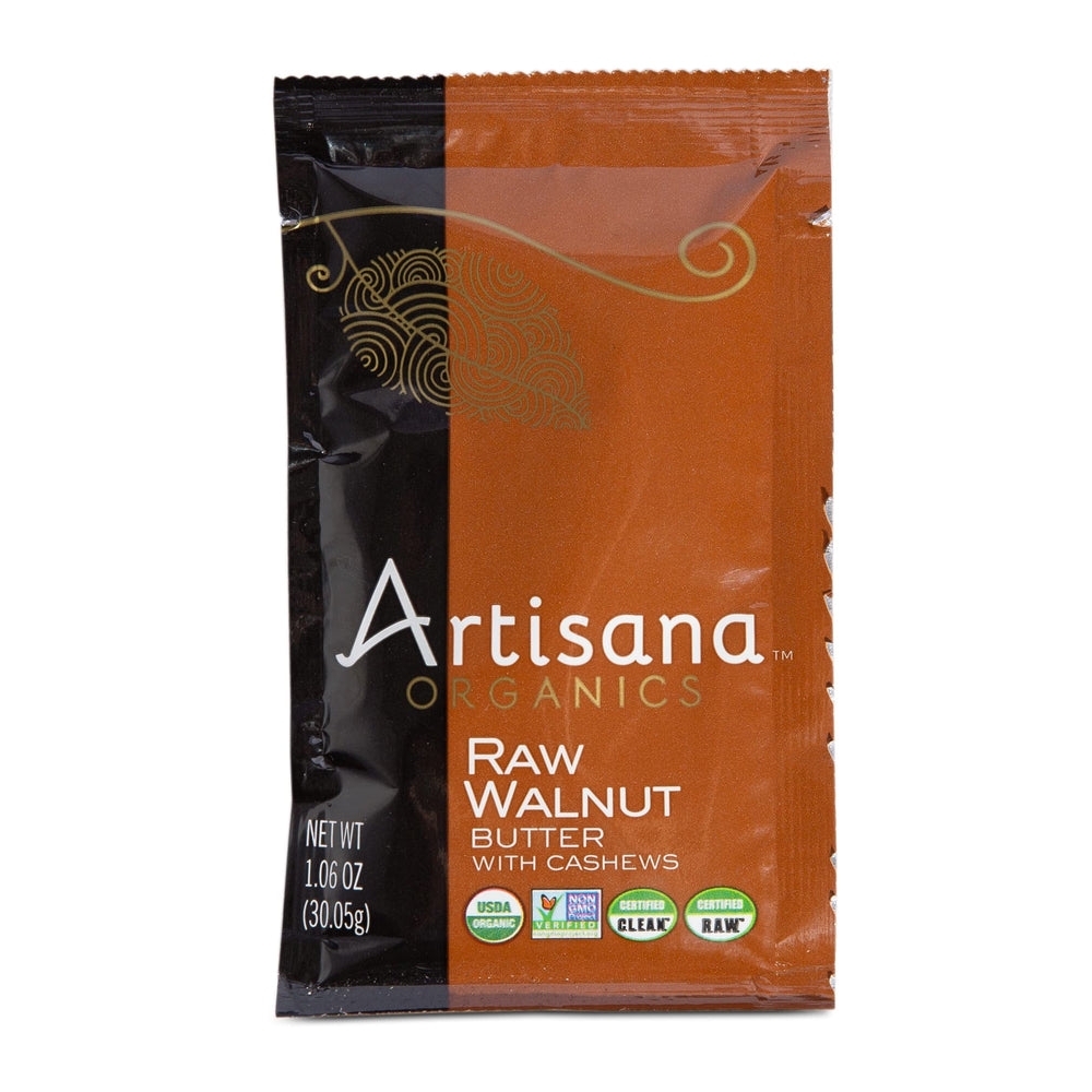 Artisana Walnut Butter raw nuts closeup emphasizes single-serve vegan delight.