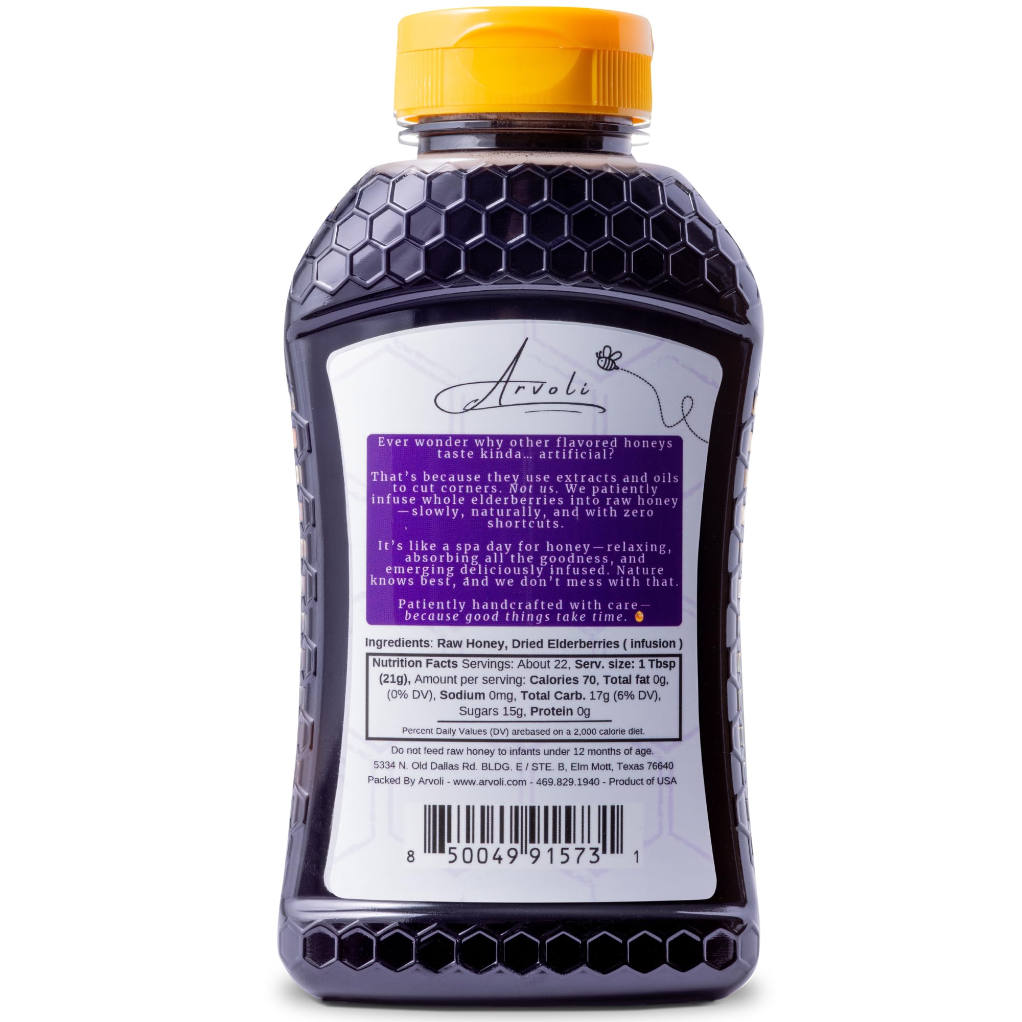Arvoli Elderberry Honey with whole elderberries visible, a rustic topping.